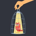 Bird in cage. freedom concept man holding closed cage with red bird. Vector illustration