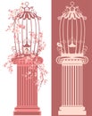 Bird cage on pedestal among blooming branches vector Royalty Free Stock Photo