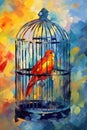 Bird in a cage. In style of oil painting. Metaphorical associative card on theme of Prisoner. Psychological abstract