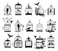 Bird cages with birds silhouettes. Black wall decals with flying birds in cages, minimalistic decorative art for interior. Vector