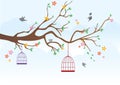 bird cages hanging on tree branches. Vector illustration decorative design