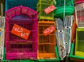 Bird cages with sold out signs in closeup, Pet trade in Asia, Animal business background Royalty Free Stock Photo