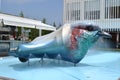 Bird - car sculpture and the swimming pool of the Czech pavilion.