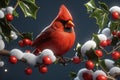 Bird, Cardinal, Male, Bright red feathers. Sitting on Holly bough Royalty Free Stock Photo