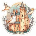 bird castle sticker humanized characters funny vector artistic and delicate minimalist hand drawn doodle