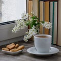 Bird cherry tree branches flowers in glass vase, white cup tea, cookies on wooden background near window, row of books Royalty Free Stock Photo