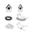 Bird and chicks in the nest, birdhouse set icon, sticker. sketch hand drawn doodle style. minimalism, monochrome. spring, brood