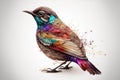 a bird with a colorful plumage is standing on a white surface with splatters of paint on it\'s wings