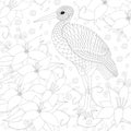 Bird coloring page, antistress coloring sheet. Stork with flowers