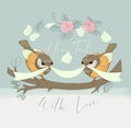 Bird Couple Cute Card With Vintage Flower. Beautiful Happy Birthday Greeting Circular Banner. Vector Party Invitation
