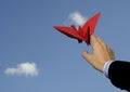 Origami bird in hand against sky Royalty Free Stock Photo