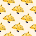 Bird creative silhouettes seamless hand drawn pattern. Yellow animal ornament on soft light background