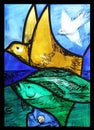 Bird, detail of Saint Francis of Assisi stained glass window in Benediktbeuern Abbey, Germany Royalty Free Stock Photo