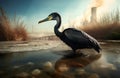 Bird in dirty pond water. Generate ai