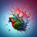 bird diving into a multi-colored water surface whereby creating complex splashes.