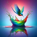 bird diving into a multi-colored water surface whereby creating complex splashes.