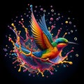 bird diving into a multi-colored water surface whereby creating complex splashes.