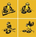 Bird DJ wearing headphones and scratching a record on the turntable