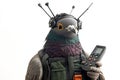 A bird dressed as a delivery drone operator, holding a tiny remote
