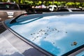 Bird droppings on blue car. Royalty Free Stock Photo