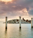 Bird drying on the shore of a beach perched on a stone pillar Royalty Free Stock Photo