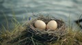 Bird eggs nestled in a natural grass nest by the water Royalty Free Stock Photo