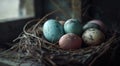 Bird eggs nestled in a natural twig nest