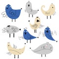 Bird element set vector illustration, hand drawn childish drawing cute characters of animal. Pack collection in different poses Royalty Free Stock Photo