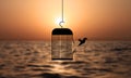 Bird Escape and Fly Away. Birdcage Freedom Sunset Beach background Royalty Free Stock Photo