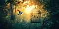 Bird escaping from cage in enchanting forest at sunset with golden light Royalty Free Stock Photo
