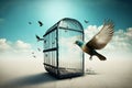 Bird escaping from the cage. Image of freedom. Generative AI. Royalty Free Stock Photo