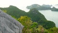 Bird eye panoramic aerial top view of Islands in ocean at Ang Thong National Marine Park near touristic Samui paradise tropical Royalty Free Stock Photo