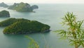 Bird eye panoramic aerial top view of Islands in ocean at Ang Thong National Marine Park near touristic Samui paradise tropical Royalty Free Stock Photo