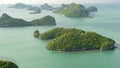 Bird eye panoramic aerial top view of Islands in ocean at Ang Thong National Marine Park near touristic Samui paradise tropical Royalty Free Stock Photo