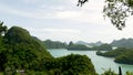 Bird eye panoramic aerial top view of Islands in ocean at Ang Thong National Marine Park near touristic Samui paradise tropical Royalty Free Stock Photo