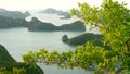 Bird eye panoramic aerial top view of Islands in ocean at Ang Thong National Marine Park near touristic Samui paradise tropical Royalty Free Stock Photo