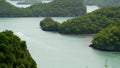 Bird eye panoramic aerial top view of Islands in ocean at Ang Thong National Marine Park near touristic Samui paradise tropical Royalty Free Stock Photo