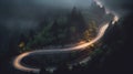 A bird eye scenery view of a winding road cutting turns through clouds of serpentine a dense forest , mountain landscape.Top Down Royalty Free Stock Photo