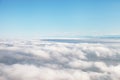 Bird eye view at clouds in blue sky top view from drone from airplane window