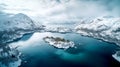 Bird eye view of fjord, lake and snow mountains, In Scandinavia Winter Season, Generative AI Royalty Free Stock Photo