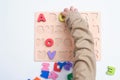 Bird eye view of preschooler, kindergarten boy playing with alphabet blocks, Children learning English with wooden educational abc Royalty Free Stock Photo