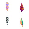 Bird feather icons set cartoon vector. Vibrant multicolored feather