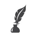Bird feather in inkwell black vector icon. Quill pen in ink stand.