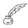 Bird feather quill and inkwell, writing ink pen, hand drawn outline, doodle sketch. Freehand, minimalism style, line art. Isolated Royalty Free Stock Photo