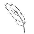 Bird feather quill, writing ink pen, hand drawn outline, doodle sketch. Freehand, minimalism style, line art. Isolated. Vector Royalty Free Stock Photo