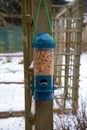 Bird feeder full of seeds in garden Royalty Free Stock Photo