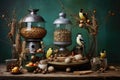 bird feeder with various seeds and nuts on a table