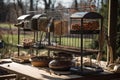 bird feeding station with variety of feeders and treats, including sunflower seeds, nuts, and berries