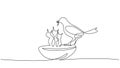 Bird feeds chicks silhouettes one line drawing