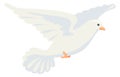 Bird flight icon. White dove in motion. Cartoon pigeon